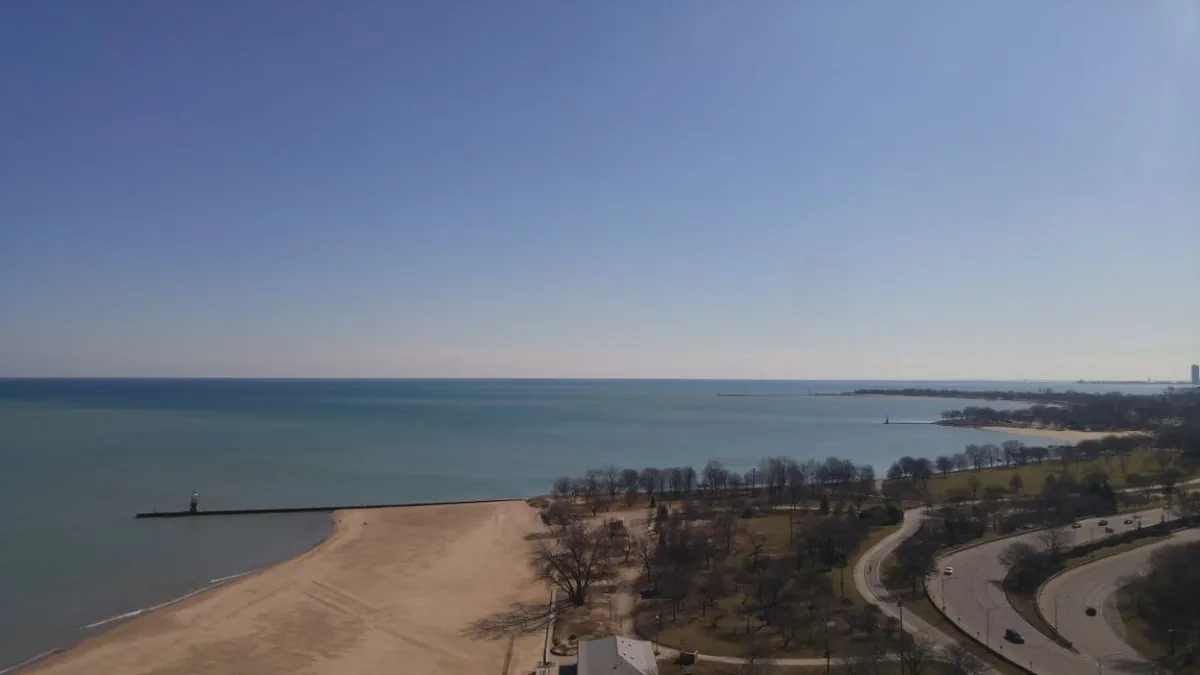 Lake Michigan beach and lakefront park seen from a North Side high-rise